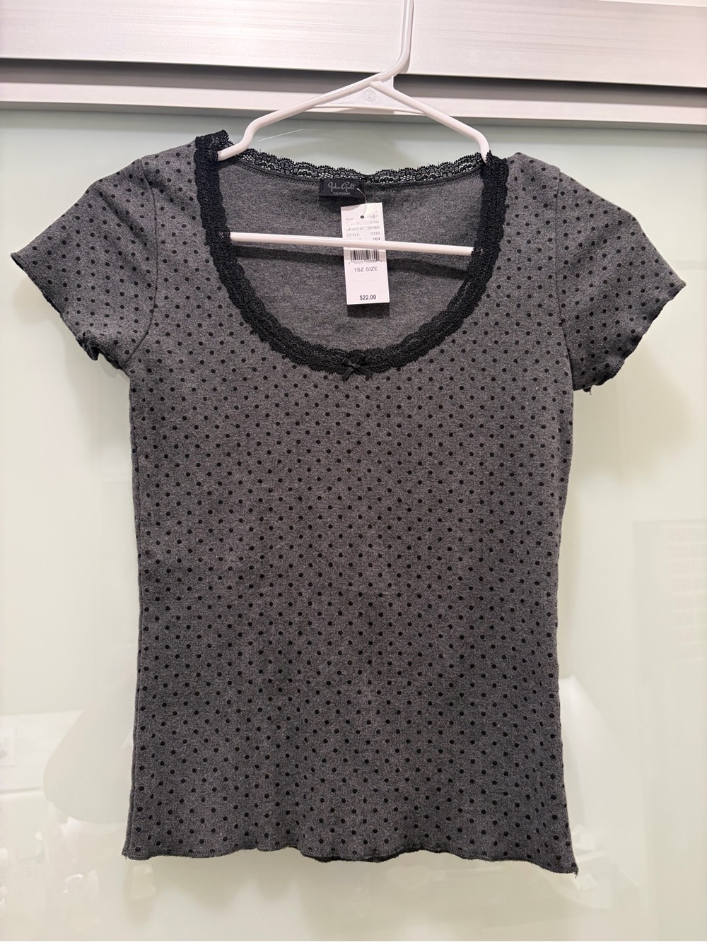 Brandy Melville Grey Polka Dot Scoop Neck Tee with Black Lace